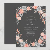 Coral Gray Floral Romance Wedding 招待状 (正面/裏面)