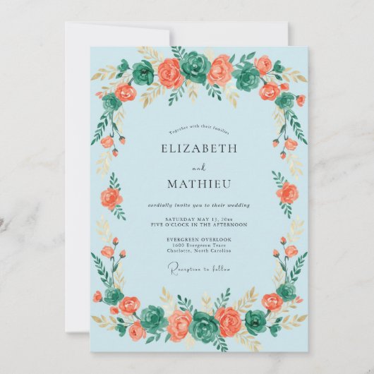 Coral Green Botanical Flourish Wedding 招待状 (正面)
