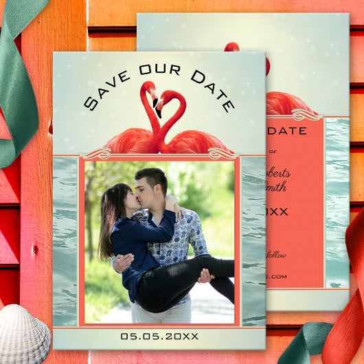Coral Green Photo Flamingo Save the Date Card セーブザデート