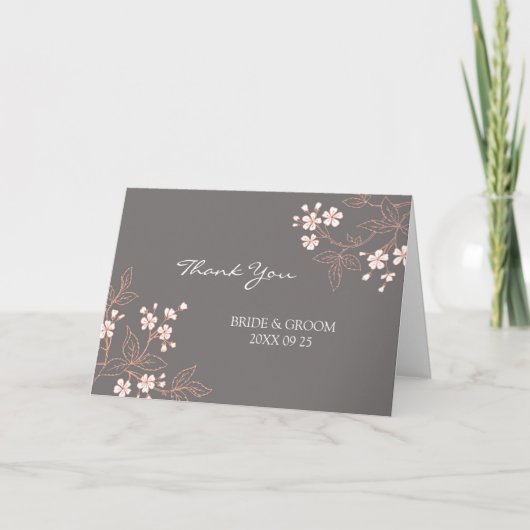 Coral Grey Damask Wedding Thank You Card サンキューカード (正面)