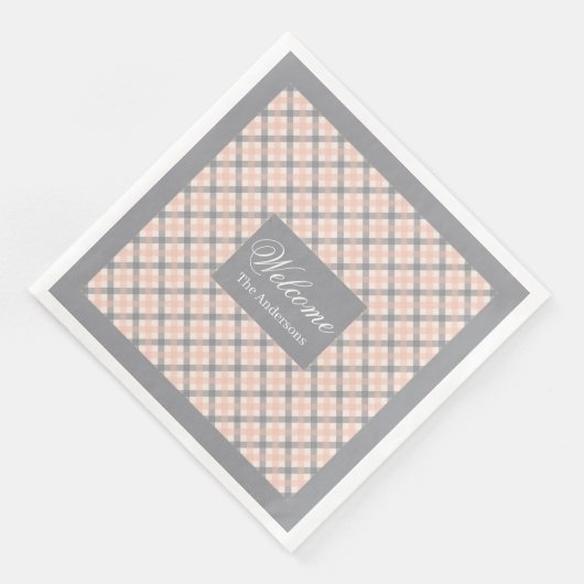 Coral Grey Tartan Napkins Personalized Modern Set (コーナー)