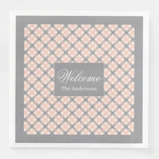 Coral Grey Tartan Napkins Personalized Modern Set (正面)