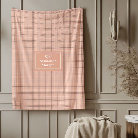 Coral Grey Tartan Throw Personalized Gift Idea フリースブランケット