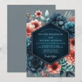 Coral Incandescent Botanical Wedding 招待状 (正面/裏面)