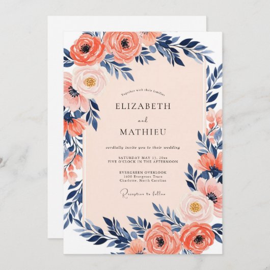 Coral Luminous Indigo Spring Wedding 招待状 (正面/裏面)