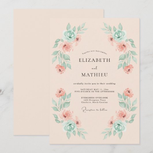 Coral Mint Airy Spring Wedding 招待状 (正面/裏面)