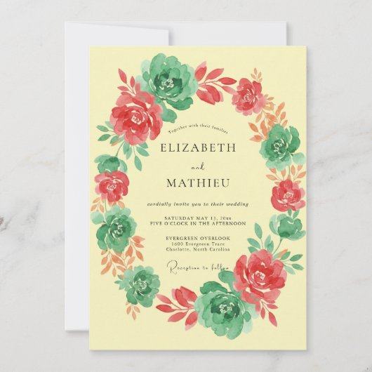 Coral Mint Floral Garland Wedding 招待状 (正面)