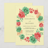Coral Mint Floral Garland Wedding 招待状 (正面/裏面)