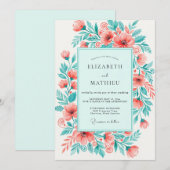 Coral Mint Lively Floral Wedding 招待状 (正面/裏面)
