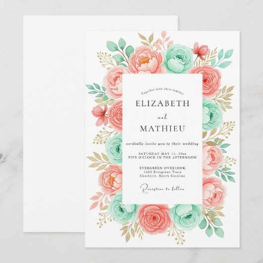 Coral Mint Romantic Botanical Wedding 招待状 (正面/裏面)