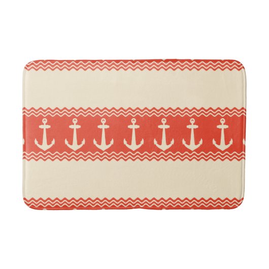 Coral Nautical Anchor Coastal Stripes バスマット (正面)