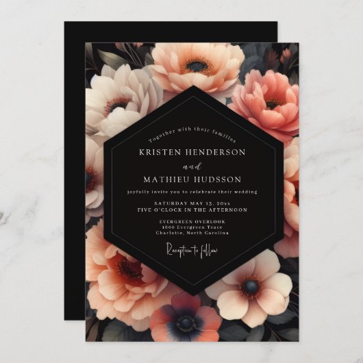 Coral Nocturne Bloom Wedding 招待状 (正面/裏面)