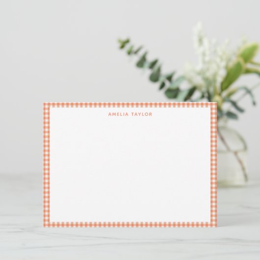 Coral Orange Gingham Plaid Personalized Stationery ノートカード (スタンド正面)