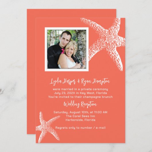 Coral Orange Photo Wedding Reception Only Invites 招待状 (正面/裏面)