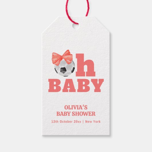 Coral Peach Oh Baby Bow Soccer Sport Baby Shower ギフトタグ (正面)