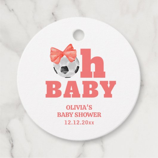 Coral Peach Oh Baby Bow Soccer Sport Baby Shower フェイバータグ (正面)