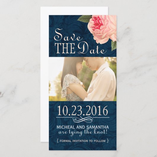 Coral PeonieとNavy日付写真カードを保存 セーブザデート (正面/裏面)