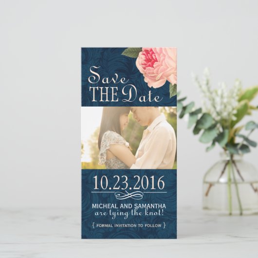 Coral PeonieとNavy日付写真カードを保存 セーブザデート (スタンド正面)