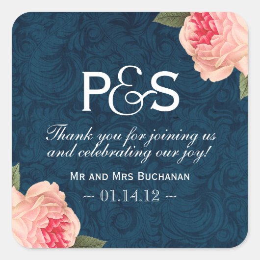 Coral PeonieとNavy Favy Stickers スクエアシール (正面)