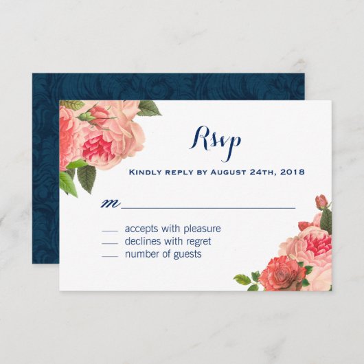 Coral Peonie on Navy RSVPカード (正面/裏面)