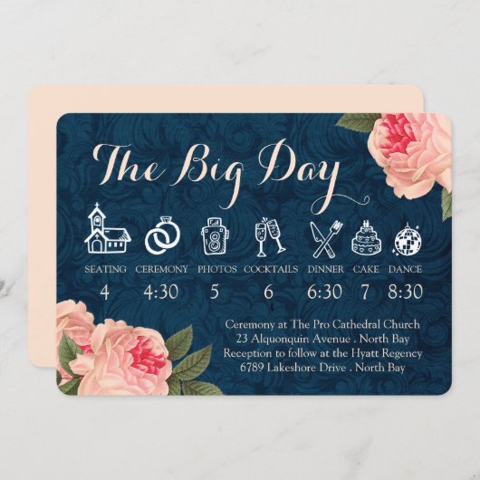 Coral Peonies and Navy Wedding Timeline プログラム (正面/裏面)