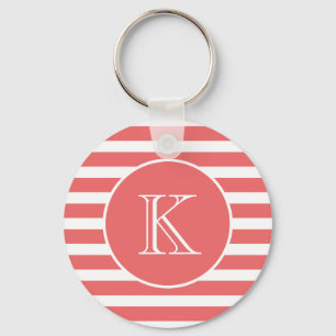 Coral Pink and White Stripes with Monogram キーホルダー