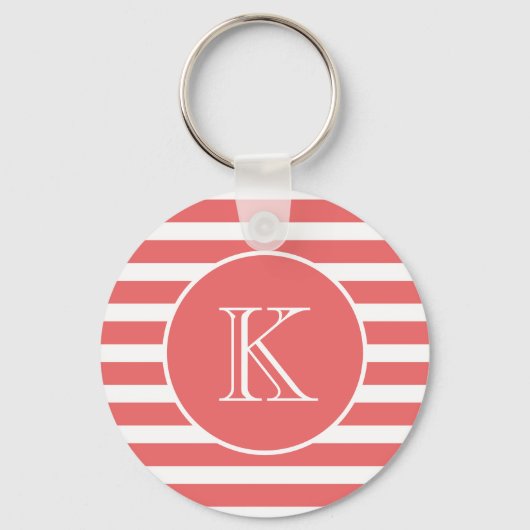 Coral Pink and White Stripes with Monogram キーホルダー (正面)