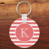 Coral Pink and White Stripes with Monogram キーホルダー (正面)