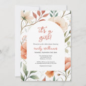 Coral Pink Boho Wildflower Its a Girl Baby Shower 招待状 (正面)