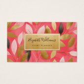 Coral Pink Gold Leaves Botanical Business Cards (正面)