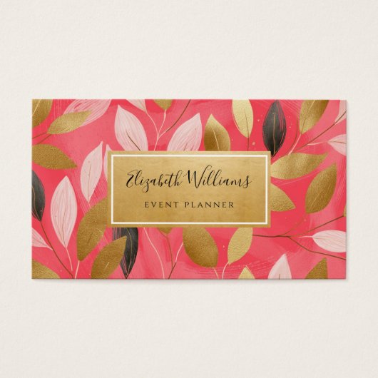 Coral Pink Gold Leaves Botanical Business Cards (正面)