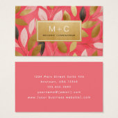 Coral Pink Gold Leaves Monogram Business Cards (正面&裏面)