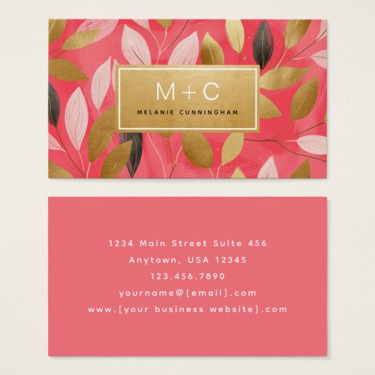 Coral Pink Gold Leaves Monogram Business Cards (正面&裏面)