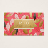 Coral Pink Gold Leaves Monogram Business Cards (正面)