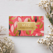 Coral Pink Gold Leaves Monogram Business Cards