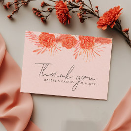 Coral Pink Orange Floral Script Wedding サンキューカード