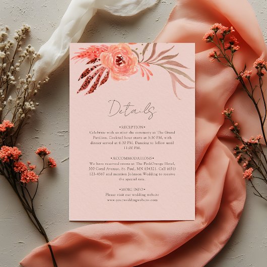 Coral Pink Orange Floral Wedding Details エンクロージャーカード