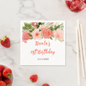 Coral Pink Red Roses Floral Birthday スタンダードカクテルナプキン (インサイチュ)