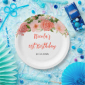 Coral Pink Red Roses Floral Birthday ペーパープレート (パーティー)