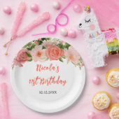 Coral Pink Red Roses Floral Birthday ペーパープレート (パーティー)