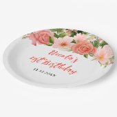 Coral Pink Red Roses Floral Birthday ペーパープレート (アングル)