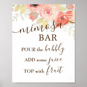 Coral Pink Roses & Gold Wedding Mimosa Bar Sign ポスター