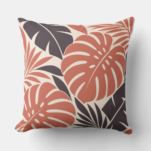 Coral Plum Tropical Leaf Silhouette クッション (正面)