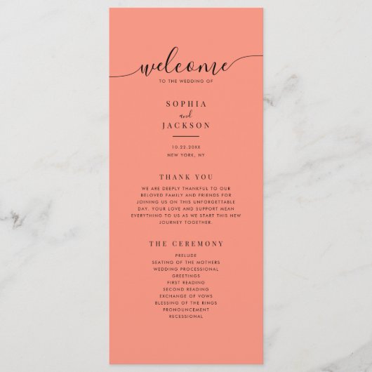 Coral Pop Modern Minimalist Wedding Program プログラム (正面)