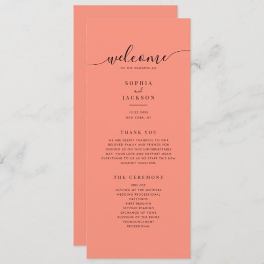 Coral Pop Modern Minimalist Wedding Program プログラム (正面/裏面)