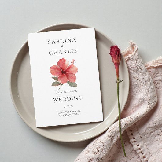 Coral Red Hibiscus Floral Tropical Wedding 招待状