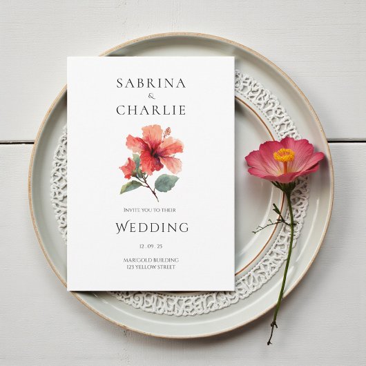 Coral Red Hibiscus Floral Tropical Wedding 招待状