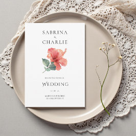 Coral Red Hibiscus Floral Tropical Wedding 招待状