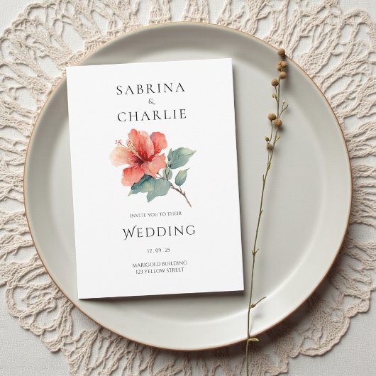 Coral Red Hibiscus Floral Tropical Wedding 招待状