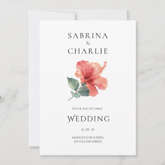 Coral Red Hibiscus Floral Tropical Wedding 招待状 (正面)